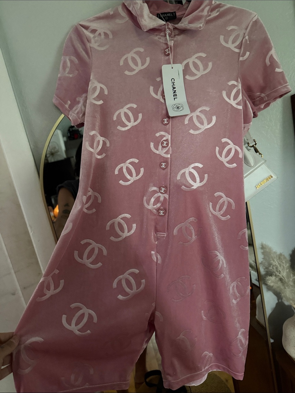 CHANEL Pink Velvet Logo One-Piece Romper